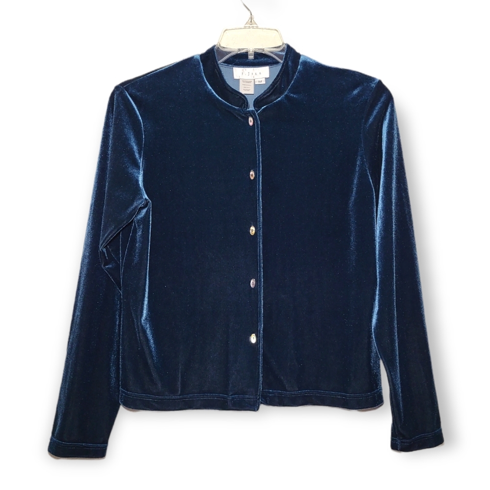 J. Jill Vintage Button-down Velour Cardigan Sweater Jacket Blue Medium